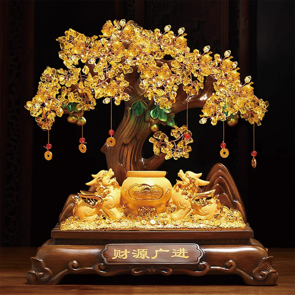 黃水晶招財樹擺件 貔貅聚財開運吉祥物 客廳玄關旺財招財擺飾 開業喬遷送禮工藝品 新年擺設 大號
