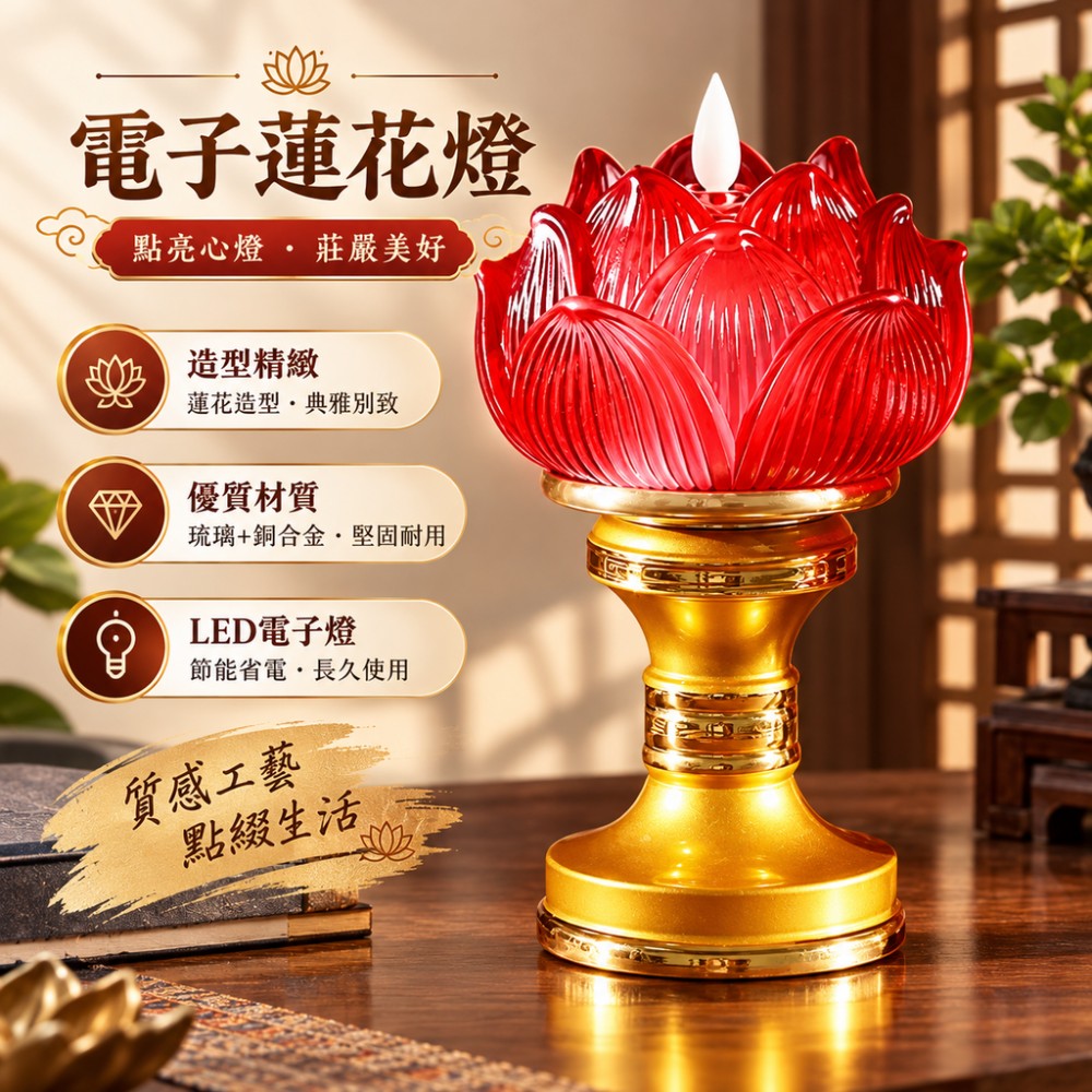 【蔓斯菲】台灣現貨 LED 琉璃紅蓮花燈 仿真燭火電子供佛燈 居家佛堂神明桌供奉蓮花燈長明燈擺飾