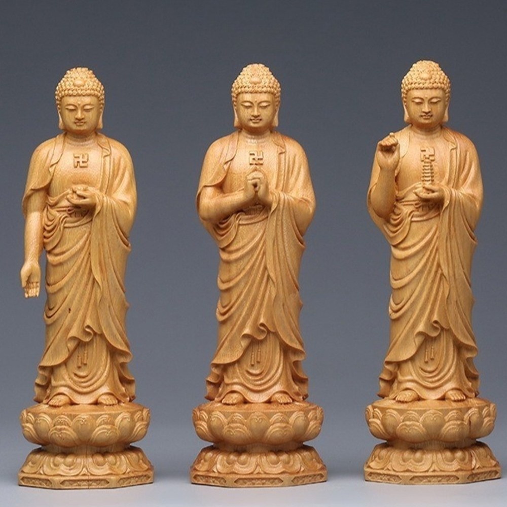 LEESA 凱莉流行商品館 雕刻 供奉禮佛 崖柏 木雕 西方三聖 木雕佛像 阿彌陀佛 佛像擺件 247