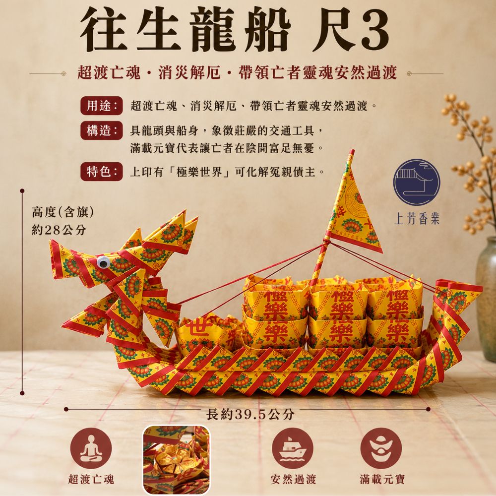 上芳香業 往生龍船一對2支 法會 超渡 極樂世界 尺3龍船 普渡 法會 好兄弟 冤親債主 頭七 百日 對年
