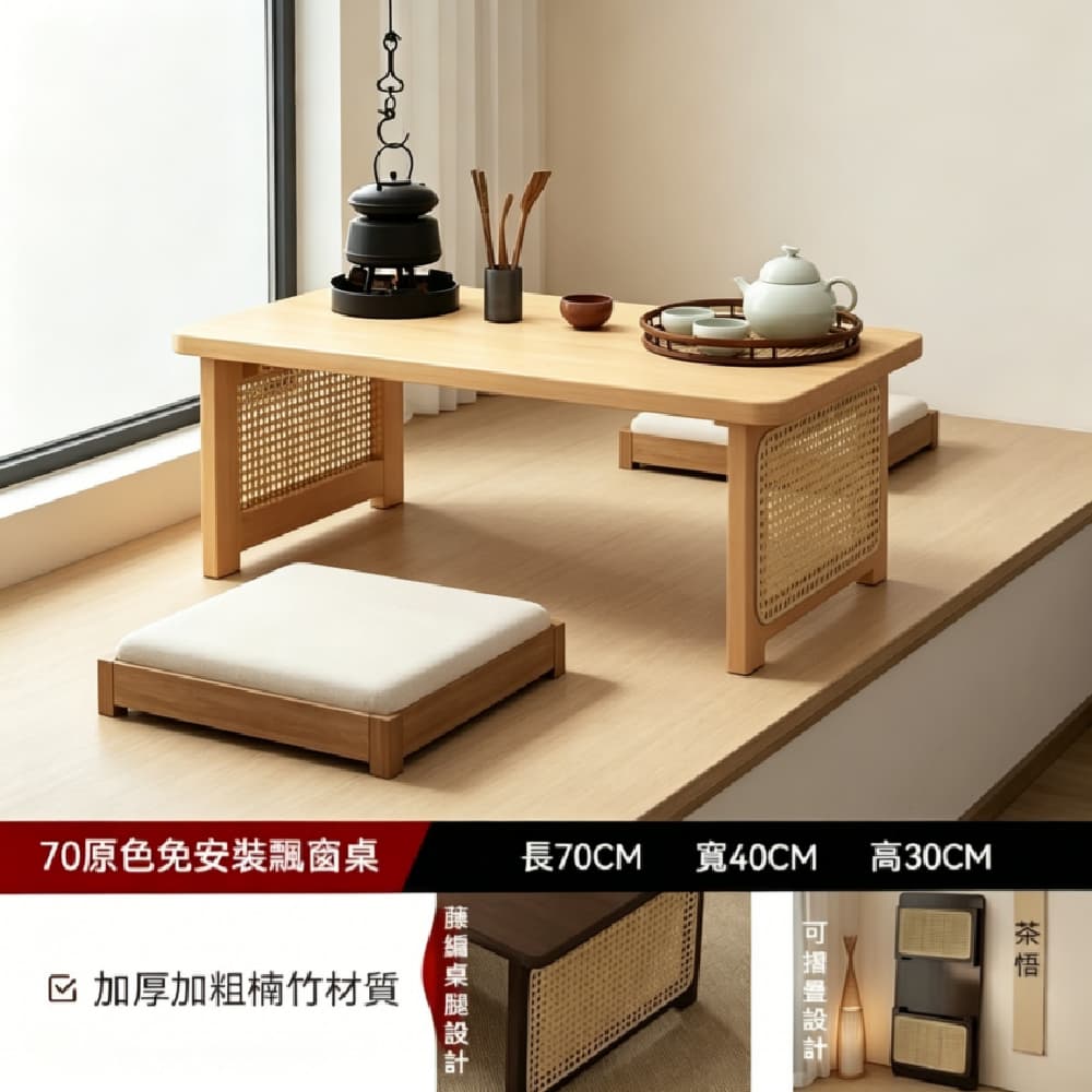 FANGGE 方格 桌子 和室桌 折疊免安裝飄窗桌 70*40*30cm折疊桌子 便攜式小茶几 榻榻米茶桌 藤編飄窗桌