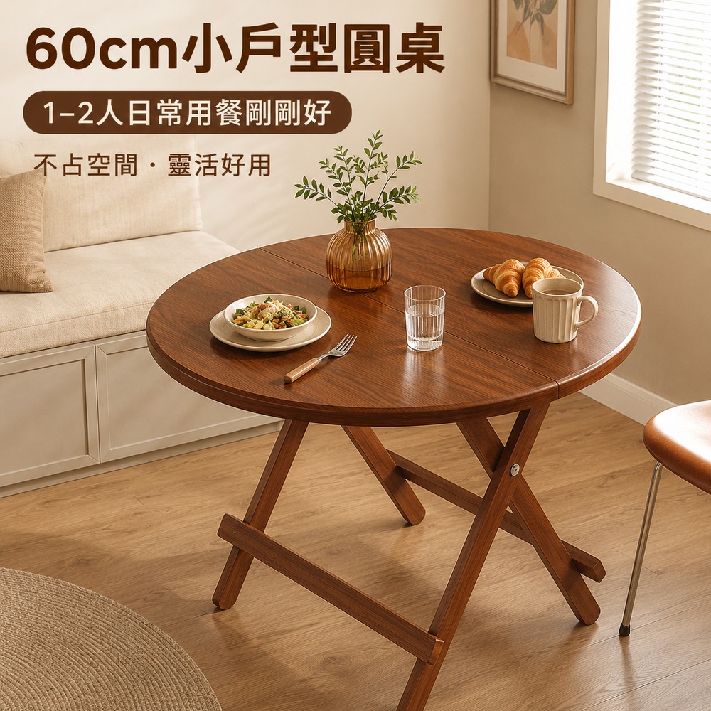 窩居 家用圓形折疊餐桌 60×52cm X 型穩固支撐 免安裝可收納吃飯桌 租屋擺攤圓桌 1-2人簡易餐桌