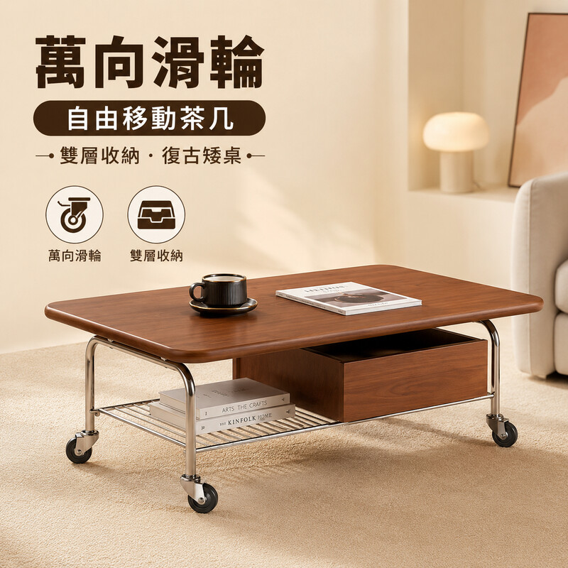 窩居 復古風萬向輪茶几 小戶型移動矮桌 客廳雙層收納邊几 出租屋可滑動茶几 簡約木紋茶桌 120*60*40