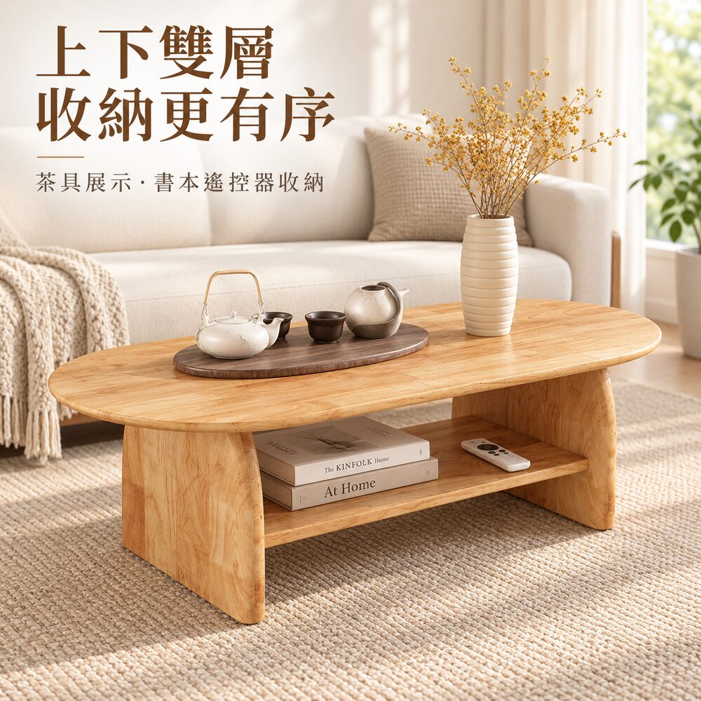 WOG 窩居 雙層實木茶几 長 100cm 下層收納設計 環保水性漆 圓邊防磕碰 客廳矮桌奶油風小戶型茶幾 雙層原木色