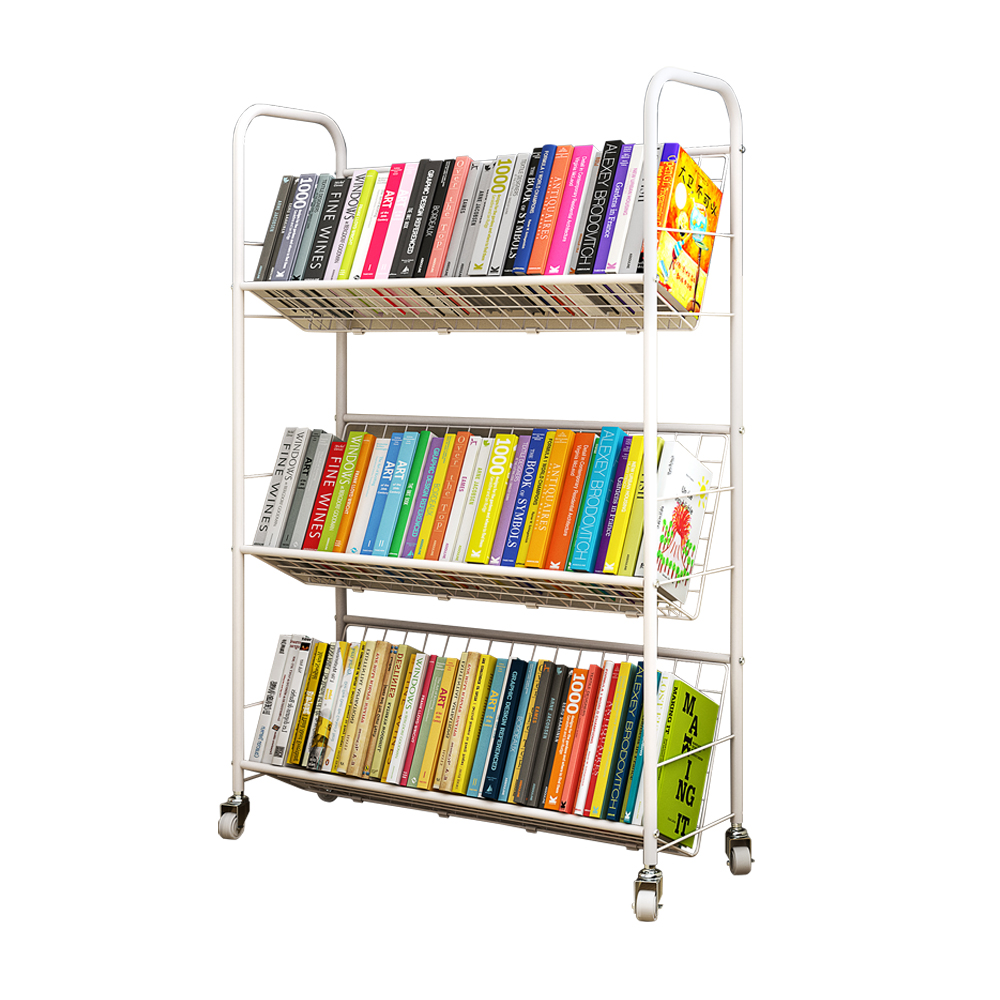 慢慢家居 奶油風超穩固可移動鐵藝書架(文件推車 兒童書架 移動書櫃 置物架)