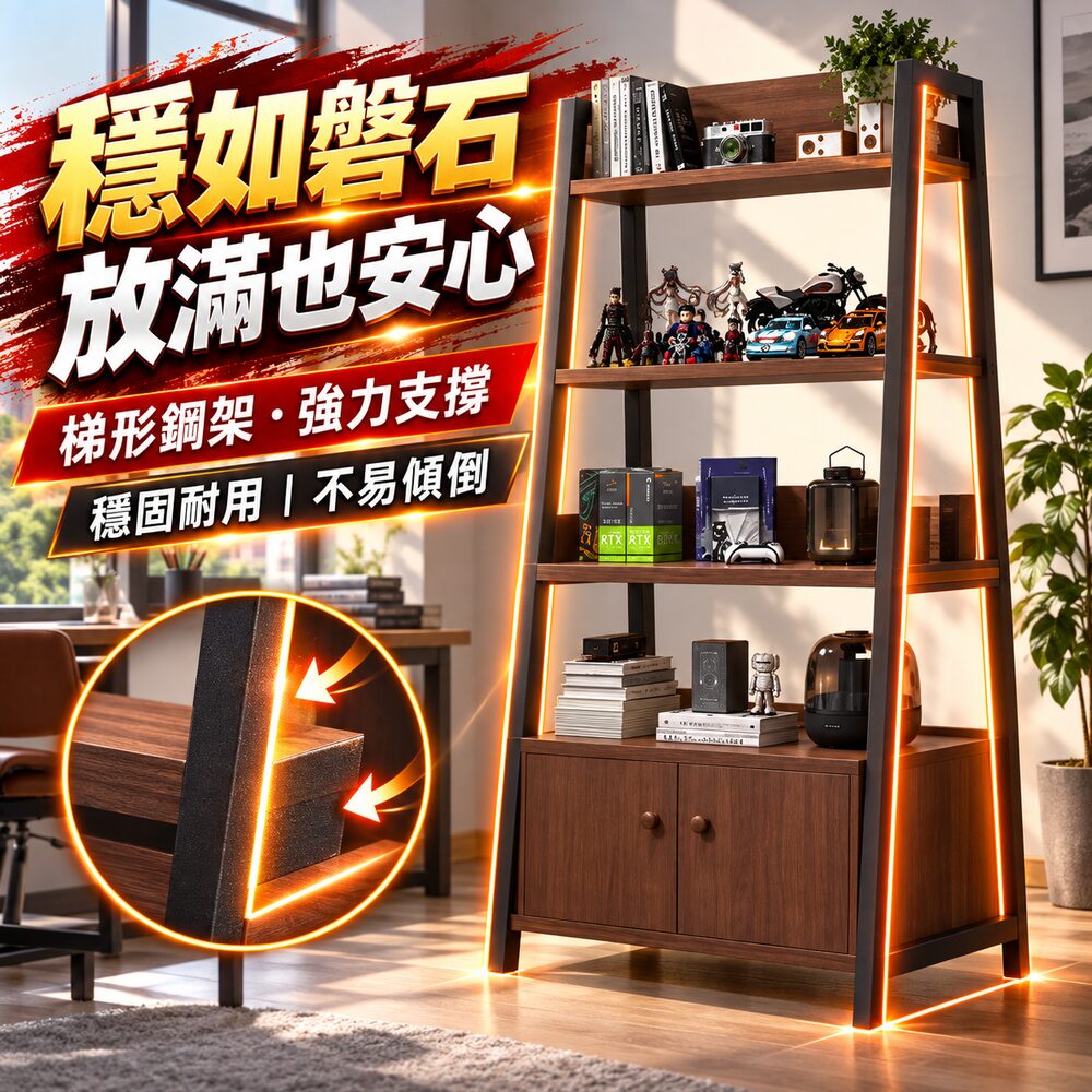 WOG 窩居 梯形置物架 60cm 落地儲物櫃 四層收納櫃帶門書架 開放展示架 臥室客廳收納櫃 書籍公仔收納櫃 梯形層架