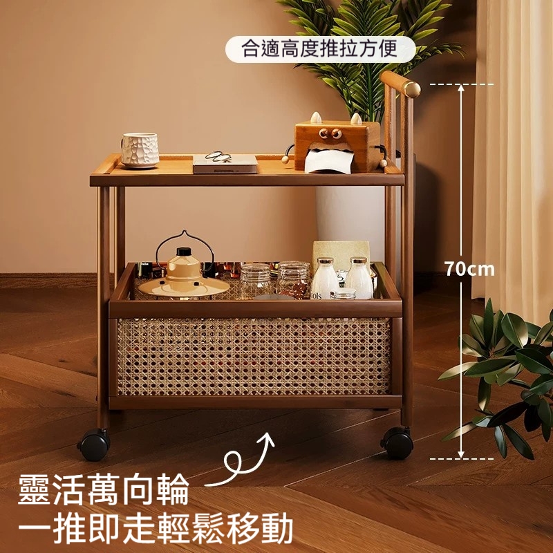 雙層收納推車70cm楠竹移動邊幾360°萬向輪小推車邊桌移動餐車大容量餐邊