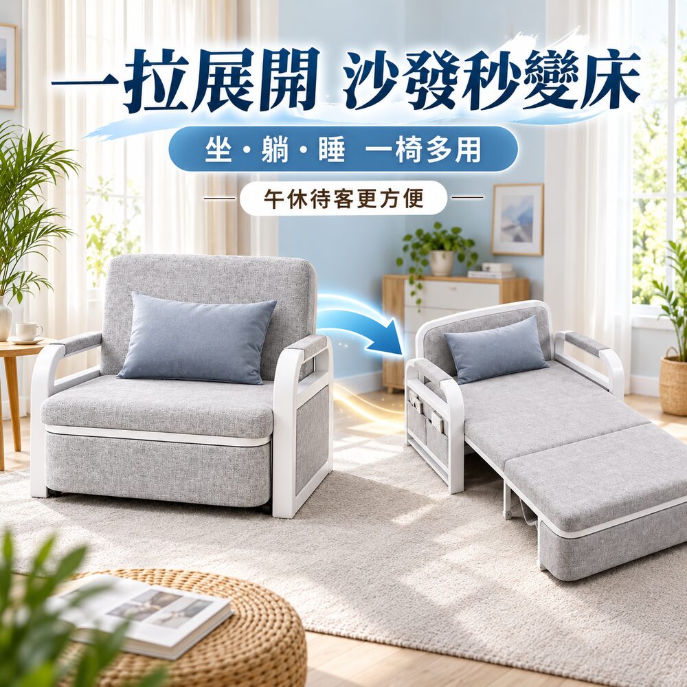 WOG 窩居 折疊沙發床 108cm 大單人沙發椅 加粗鋼架扶手 透氣棉麻布 可拆洗 帶儲物袋 兩用沙發床 白架淺灰可儲物
