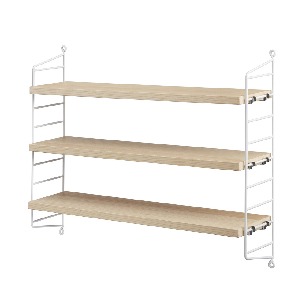 北歐櫥窗 String Furniture Pocket 壁掛三層架（白鋼架、梣木 MDF 層板）
