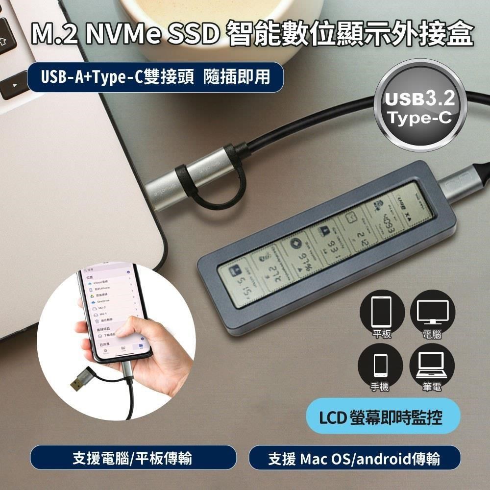 GREENON 橘能 M.2 NVMe SSD 智能數位顯示外接盒 USB A + Type-C 即時溫度監控