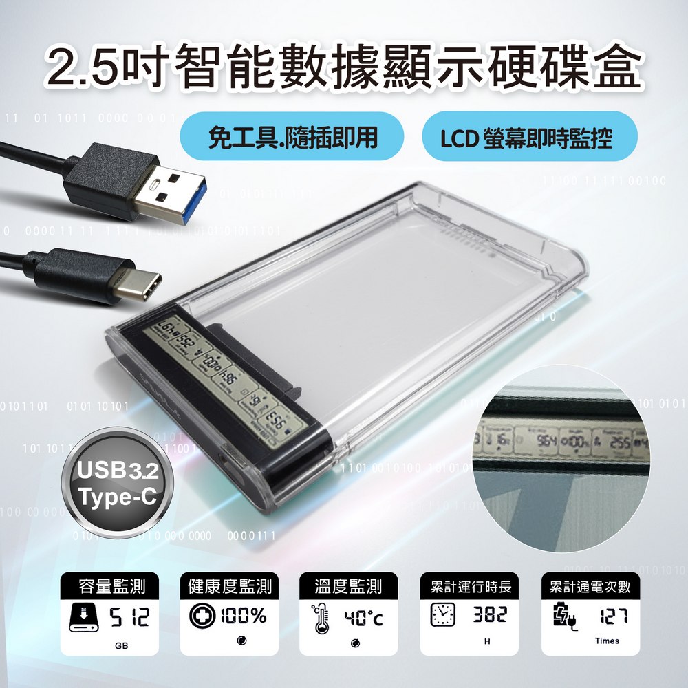 小橘生活美學 2.5吋智能數據顯示硬碟外接盒 USB3.2極速傳輸 免工具安裝 數據即時監控