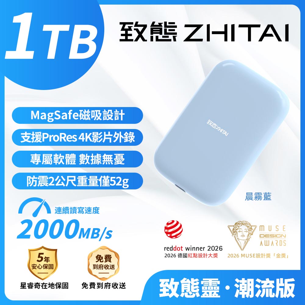 ZHITAI 致態致態1TB 磁吸式外接SSD 晨霧藍(讀2000MB/s Type-C Type-A