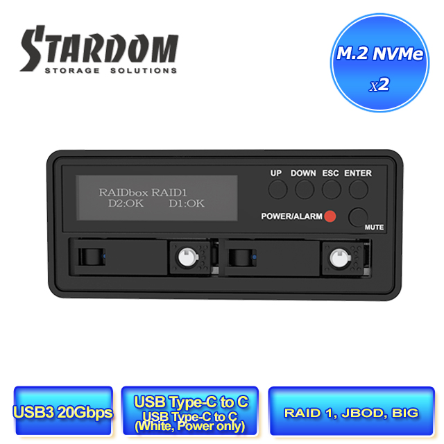 STARDOM UR2M-B32+ 有OLED螢幕 M.2 NVMe SSD 磁碟陣列(RAID) 外接盒