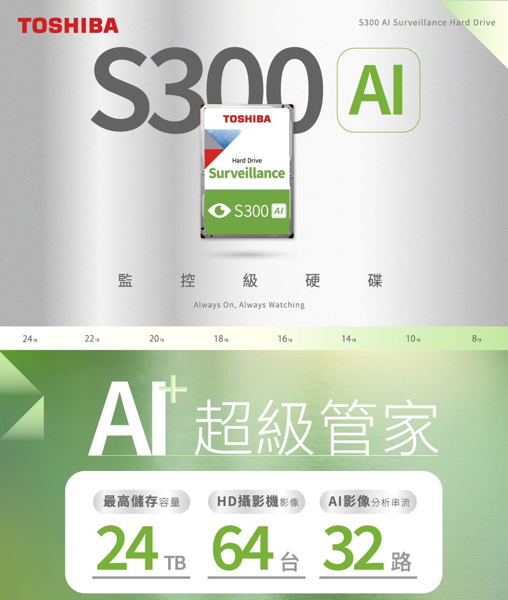 TOSHIBA Al Surveillance Hard DriveS300 TOSHIBAHard DriveSurveillanceS300 A控級Always On, Always Watching硬碟22 20TB14TB超級管家最高儲存容量HD攝影機 影像AI影像分析串流24 TB 64 32