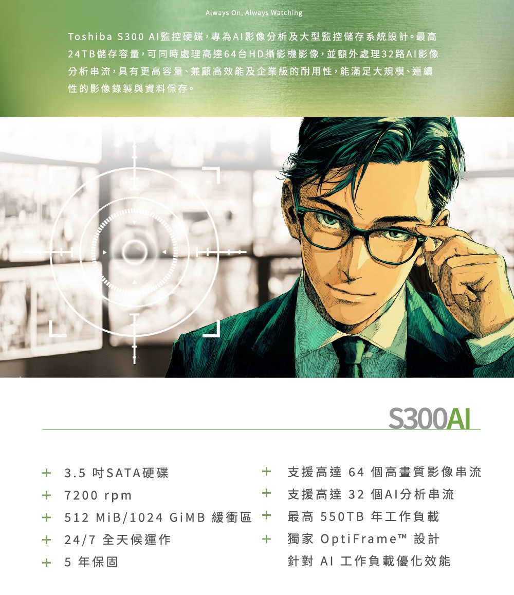 ways On, Always WatchingToshiba S300監控硬碟,專為AI影像分析及大型監控儲存系統設計。最高24TB儲存容量,可同時處理高達64台HD攝影機影像,並額外處理32路AI影像分析串流,具有更高容量、兼顧高效能及企業級的耐用性,能滿足大規模、連續性的影像錄製與資料保存。S300AL 3.5吋SATA硬碟 7200 rpm支援高達 64 個高畫質影像串流支援高達 32 個A1分析串流 512 MiB/1024 GiMB 緩衝區  最高 550TB 年工作負載+ 24/7 全天候運作 年保固+獨家 OptiFrame™ 設計針對 Al 工作負載優化效能