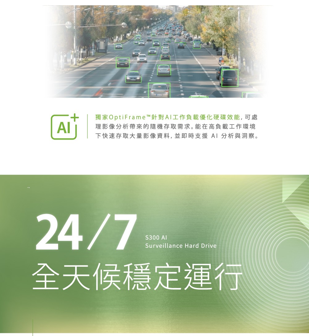 獨家OptiFrame™針對AI工作負載優化硬碟效能,可處理影像分析帶來的隨機存取需求。能在高負載工作環境下快速存取大量影像資料,並即時支援AI分析與洞察。24/7S300 Surveillance Hard Drive全天候穩定運行