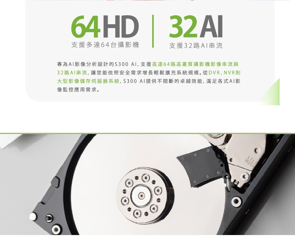 64HD  32支援多達64台攝機支援32串流專為影像分析設計的支援高達64路高畫質攝影機影像串流與32路串流,讓您能依照安全需求增長輕鬆擴充系統規模。從DVR、NVR到大型影像儲存系統,S300 提供不間斷的卓越效能,滿足各式AI影像監控應用需求。