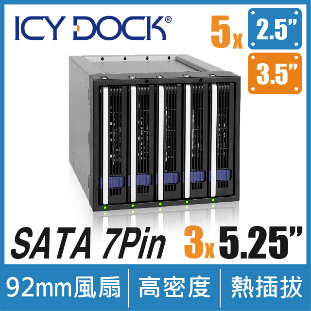ICY DOCK 五層式EZ-Tray 2.5吋/3.5吋 SATA/SAS 熱插拔 (5轉3) 硬碟背板模組 (MB155SP-B)