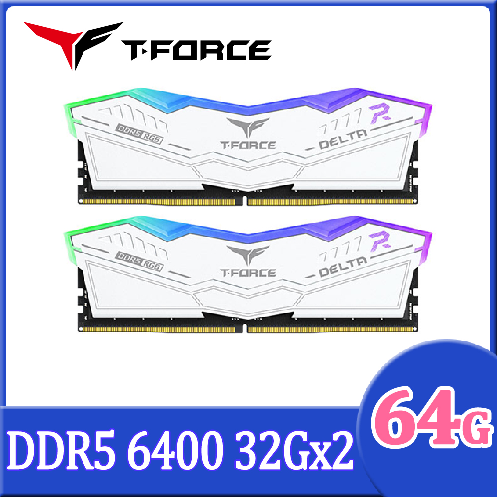 Team 十銓 DELTA RGB 炫光 DDR5 64GB(32Gx2) CL30 白色 桌上型超頻記憶體
