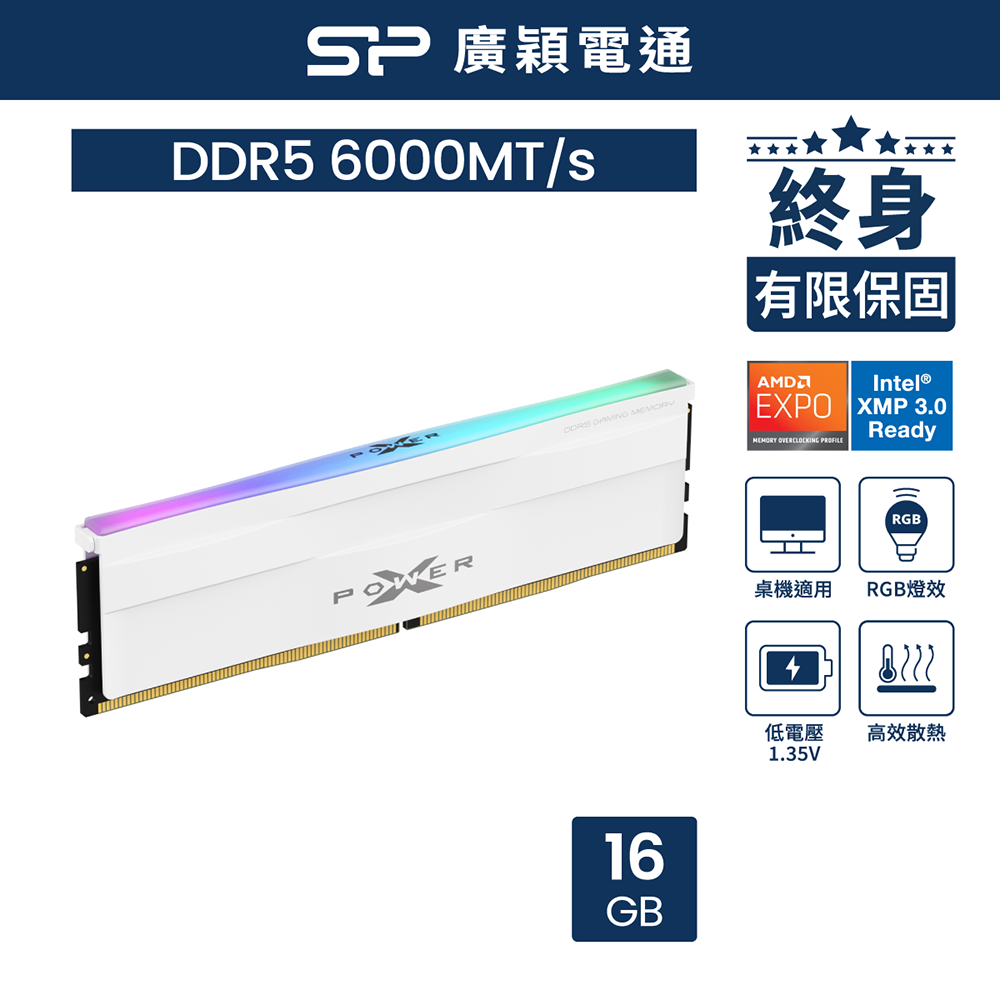 sp 廣穎 DDR5 超頻 6000 16GB RGB XPOWER XMP 電競記憶體/白