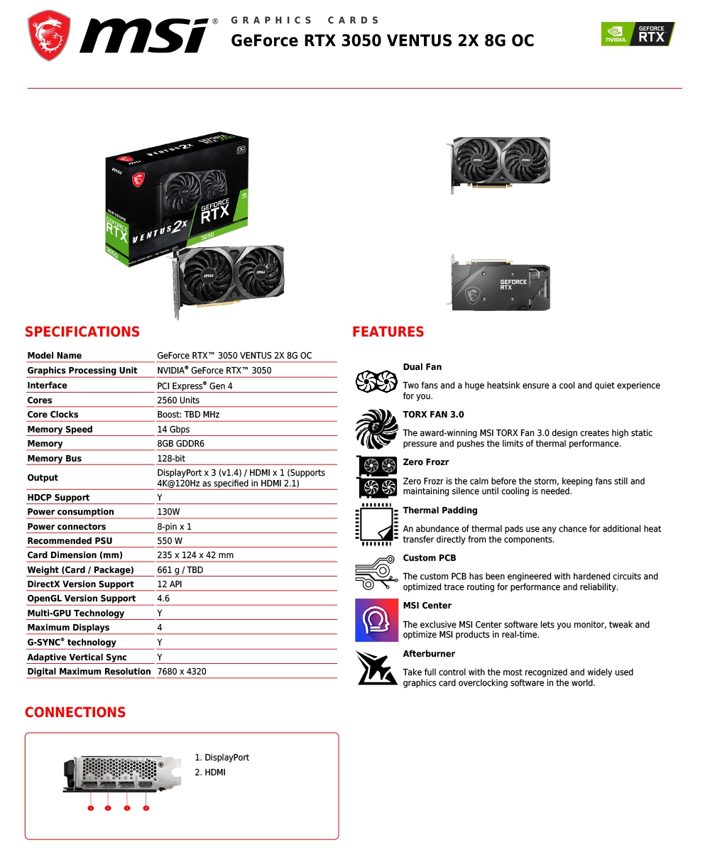 PC/タブレット PC周辺機器 微星GeForce RTX 3050 VENTUS 2X 8G OC 顯示卡- PChome 24h購物