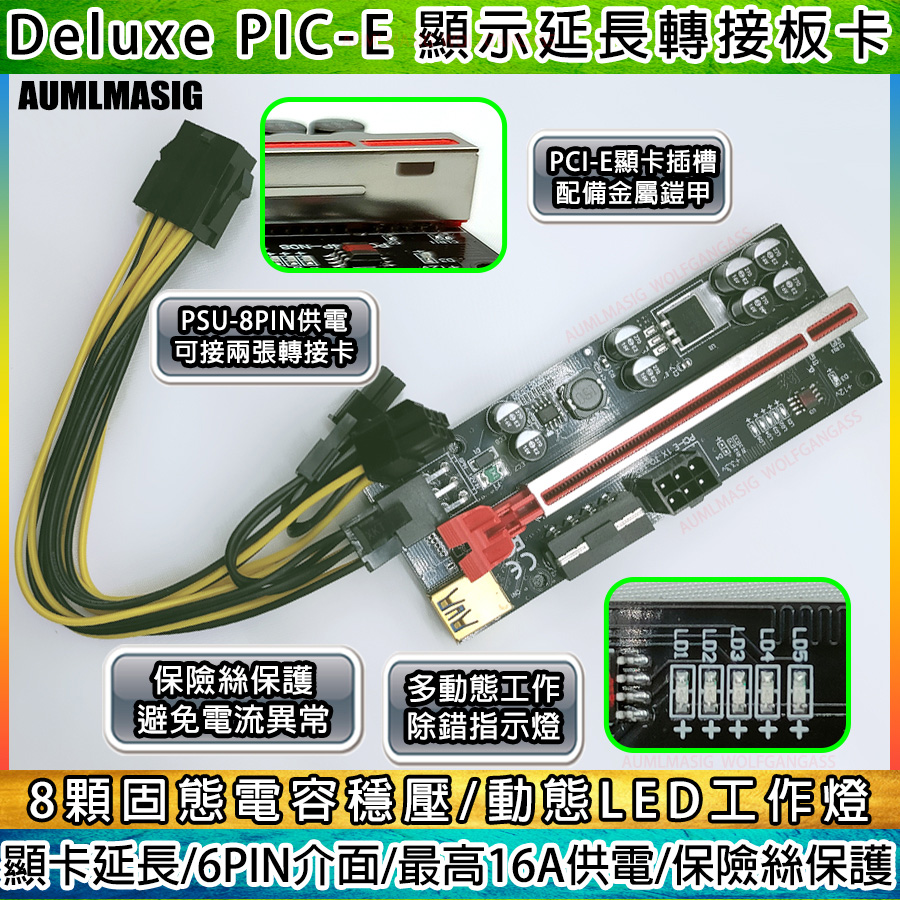 【AUMLMASIG全通碩】DELUXE PCIE1X轉16X延長顯示卡6PIN16A優化供電8顆固態電容LED指示燈