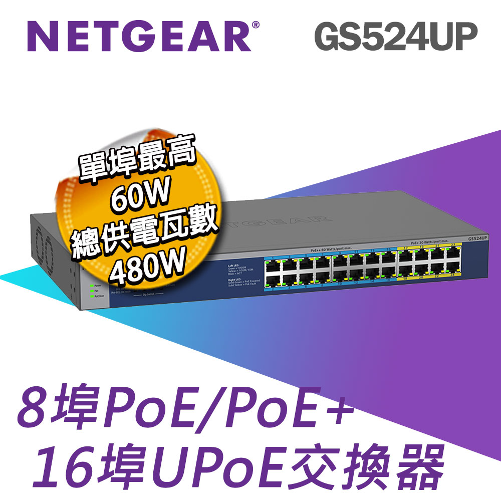 Netgear 網件 GS524UP 16埠 Gigabit PoE (單埠60W) + 8埠 Gigabit PoE (單埠30W) 無網管交換器