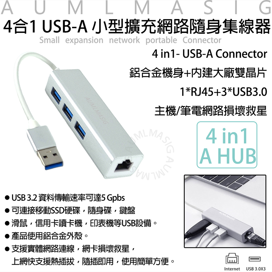 AUMLMASIG 全通碩 【AUMLMASIG全通碩】4合1 USB-A 小型擴充網路RJ45隨身集線器 / USB TYPE-A轉RJ45有線網路適配器1000Mbp鋁合金機身+內建大廠雙晶片1*RJ45+3*USB3.0 主機/筆電網路損壞救星 *USB 3.2 資料傳輸速率可達5 Gpbs *可連接移動SSD硬碟隨身碟鍵盤 *滑鼠