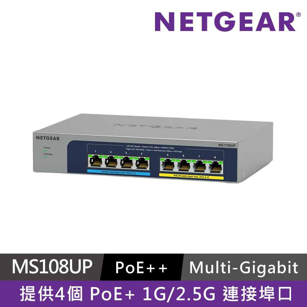 Netgear 網件 NETGEAR MS108UP 8埠 2.5G POE++無網管交換器