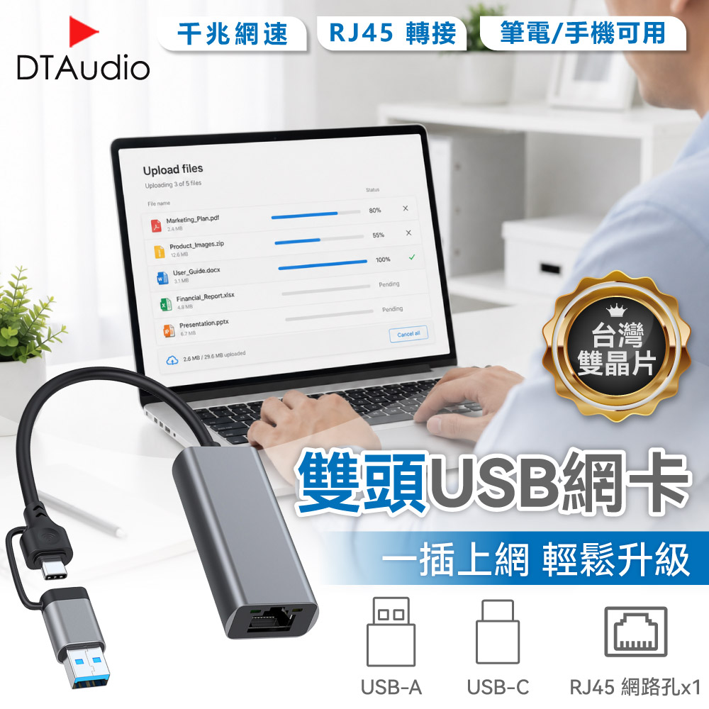DTAudio 聆翔 【單孔】雙頭USB網卡|USB-A Type-C usb 擴充插座 RJ45轉接頭 hub 外接網卡 手機可用