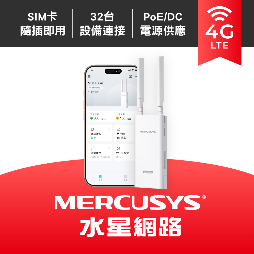 MB118-4G 300Mbps 4G LTE分享器 戶外PoE wifi分享器 LTE路由器 4g無線路由器 3年保
