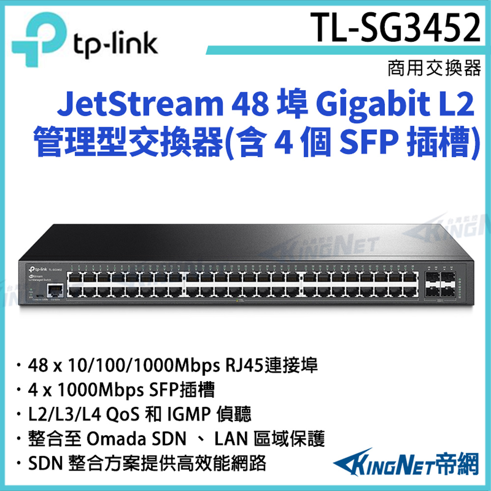TP-Link [帝網KingNet] TP-LINK JetStream 48 埠 Gigabit L2 管理型交換器(含 4 個 SFP 插槽) TL-SG3452
