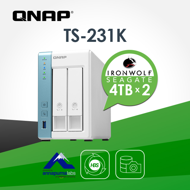 QNAP 威聯通TS-231K 2Bay NAS 網路儲存伺服器(含4T NAS硬碟*2