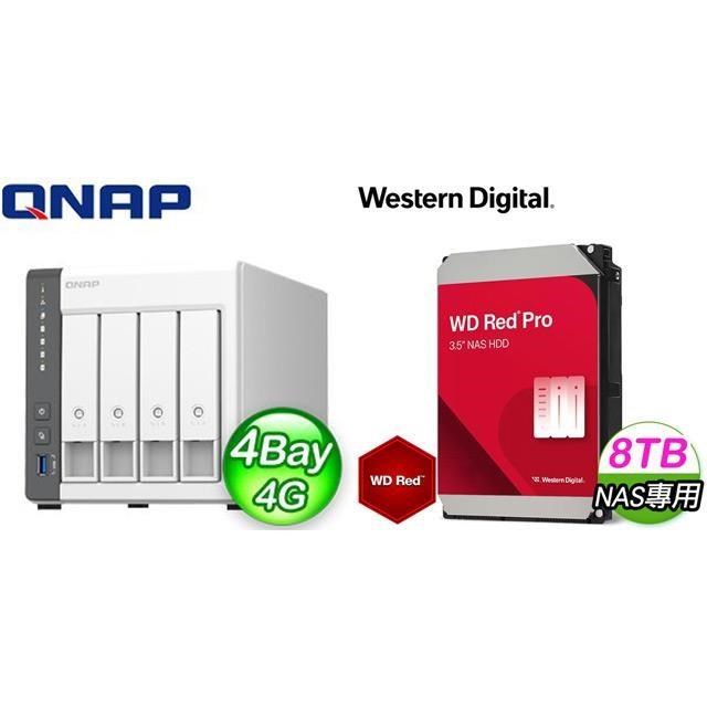 QNAP 威聯通 〈鈔省價〉TS-433-4G NAS伺服器+WD 紅標 Pro 8TB NAS硬碟(X2)