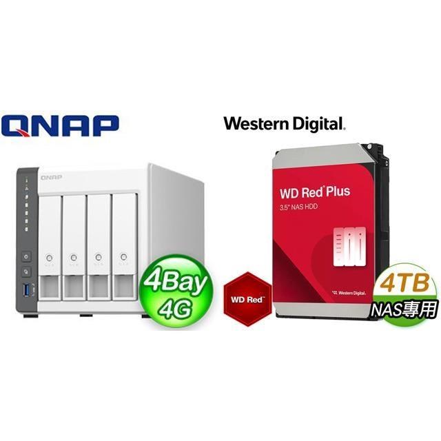 QNAP 威聯通 〈鈔省價〉TS-433-4G NAS伺服器+WD 紅標 Plus 4TB NAS硬碟(X2)