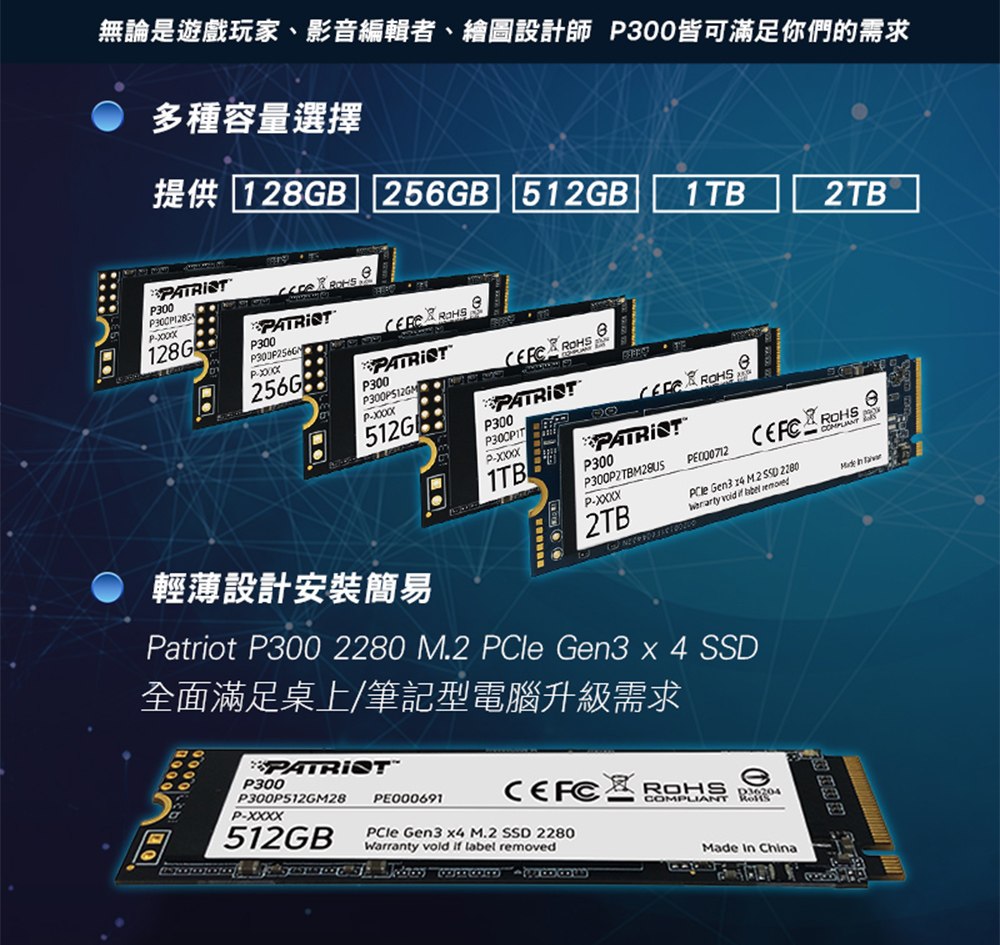 PATRiOT 博帝美商P300 M.2 2280 PCIe Gen.3x4 (NVMe 1.3) 1TB 固態硬碟