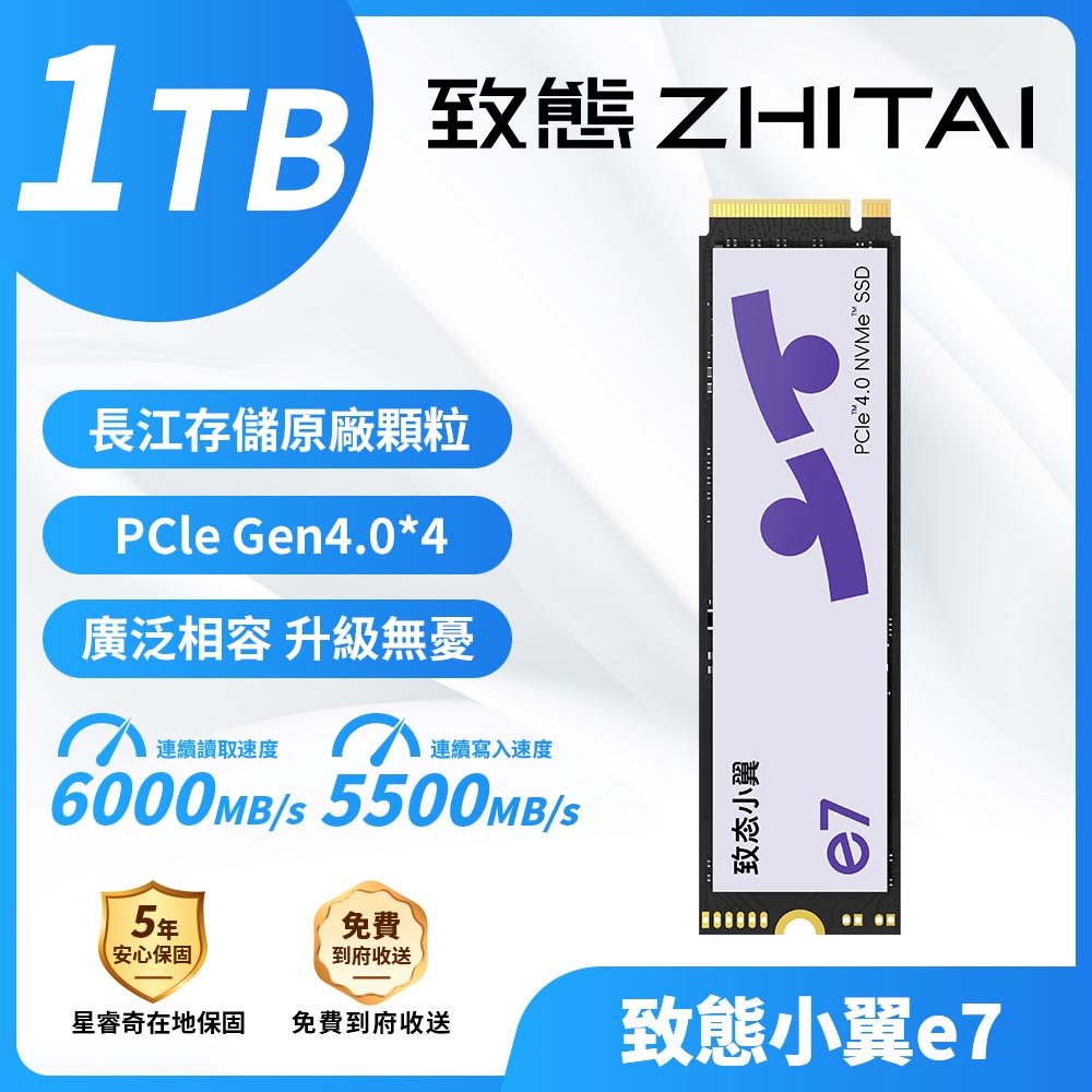 ZHITAI 致態致態小翼e7 1TB/Gen4/PCIe 4.0/讀6000/寫5500【五年保】SSD