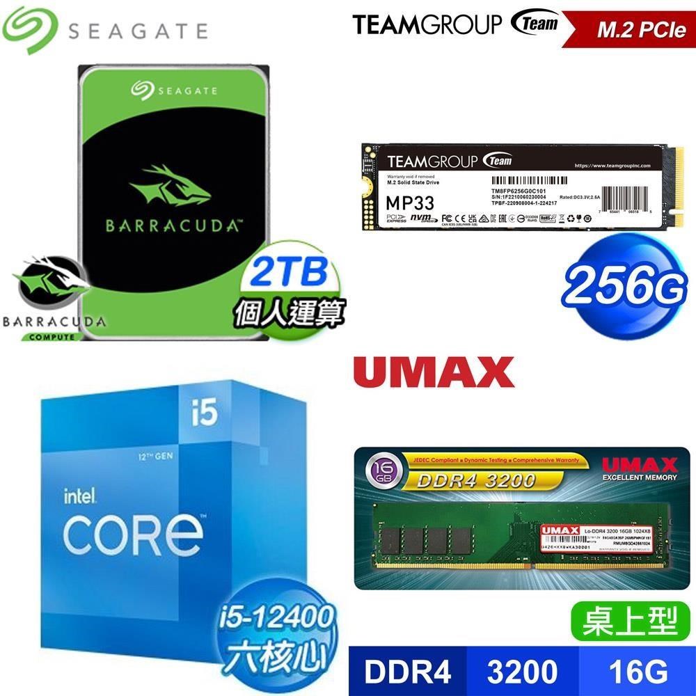 Intel 英特爾 〈限時〉i5-12400+UMAX D4 3200 16G 記憶體+希捷 2TB 硬碟+十銓256G SSD