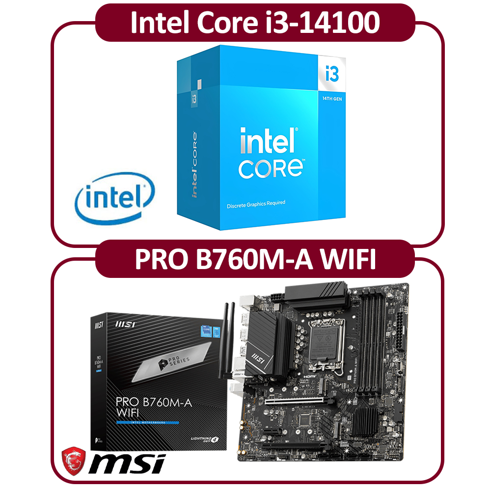 MSI 微星 Intel 14代 I3-14100 四核 CPU+微星 B760M-A WIFI 主機板 組合包