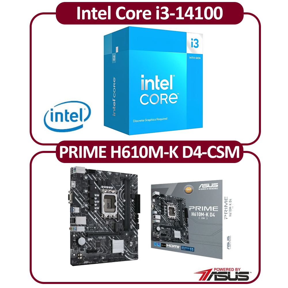 ASUS 華碩 Intel 14代 I3-14100 四核 CPU+華碩H610M-K D4-CSM 主機板 組合包