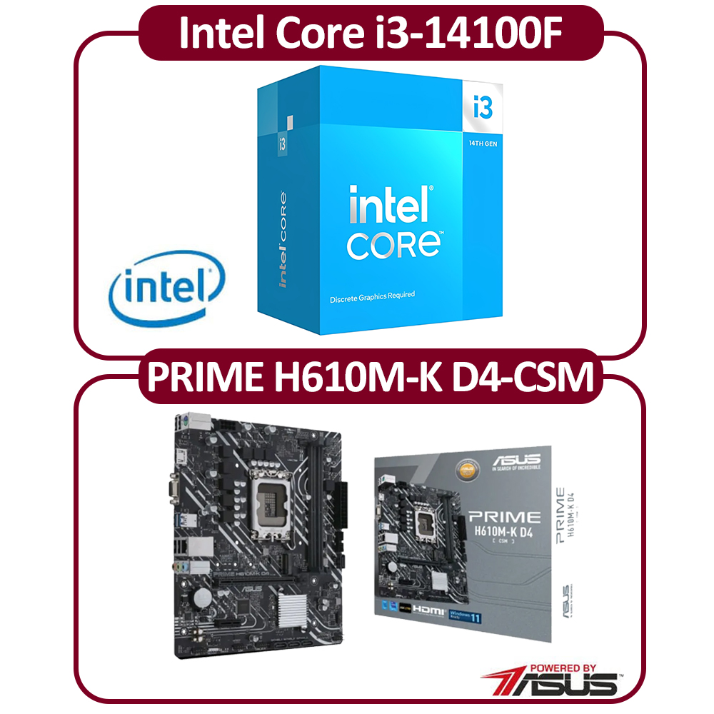 ASUS 華碩 Intel 14代 I3-14100F 四核 CPU+華碩H610M-K D4-CSM 主機板 組合包