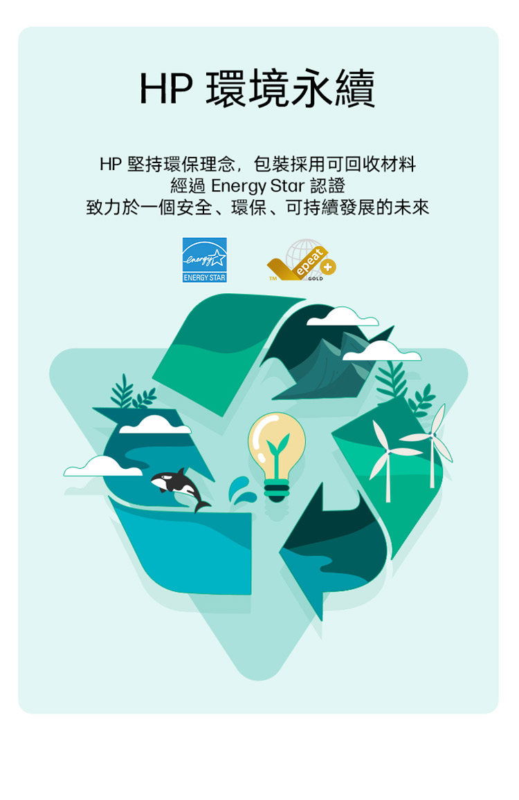 HP環境永續HP 堅持環保理念,包裝採用可回收材料經過 Energy Star 認證致力於一個安全、環保、可持續發展的未來epeatENERGY STARTMGOLD