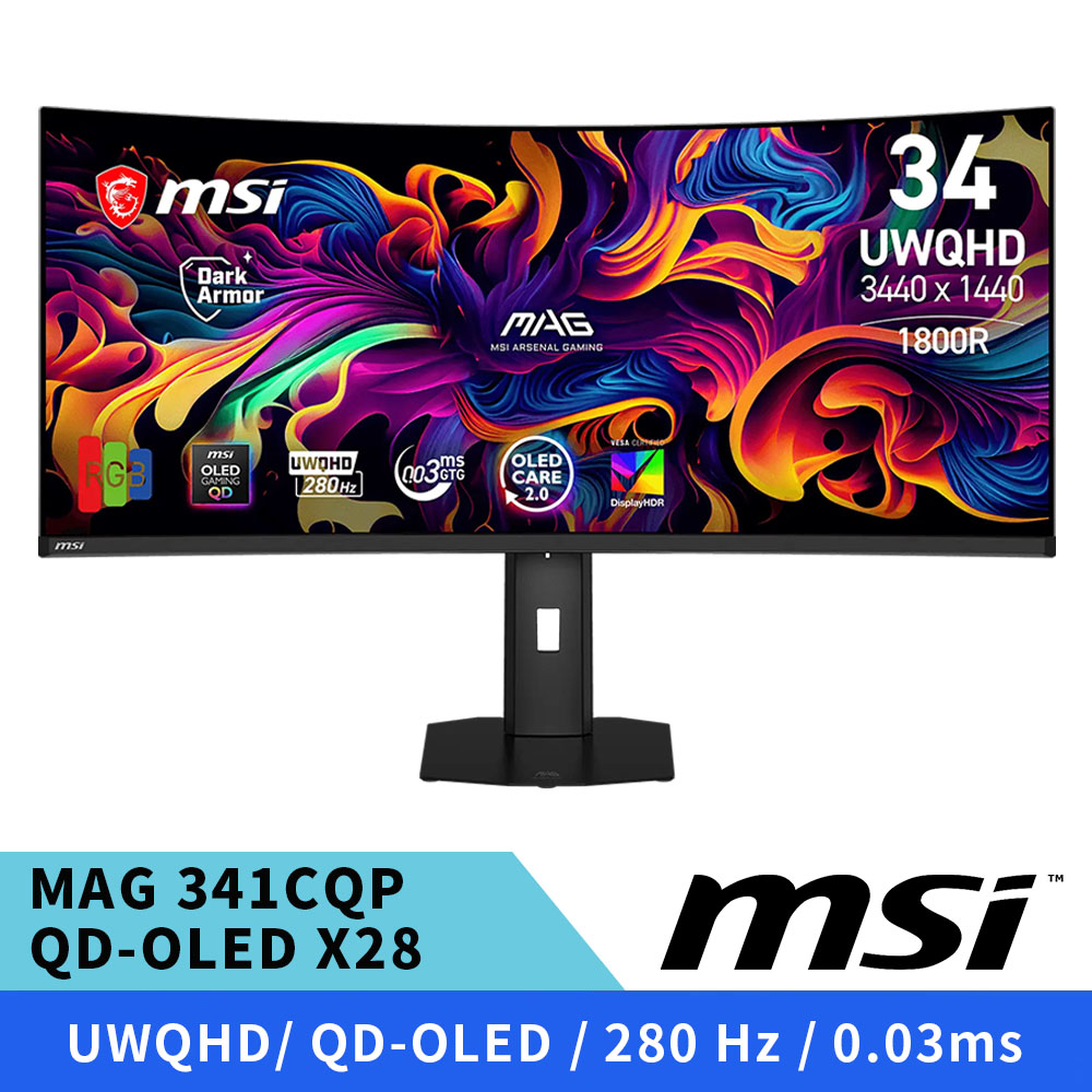 MSI 微星 MAG 341CQP QD-OLED X28 曲面 電競螢幕 34型 UWQHD/280Hz/1800R曲面