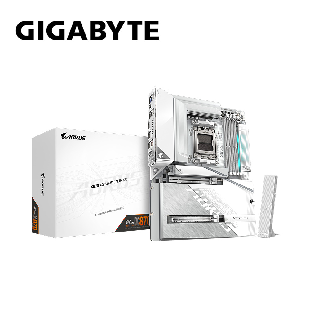 GIGABYTE 技嘉 X870 AORUS STEALTH ICE 背插式主機板+技嘉 C500 PANORAMIC STEALTH ICE ATX 全景背插 白機殼