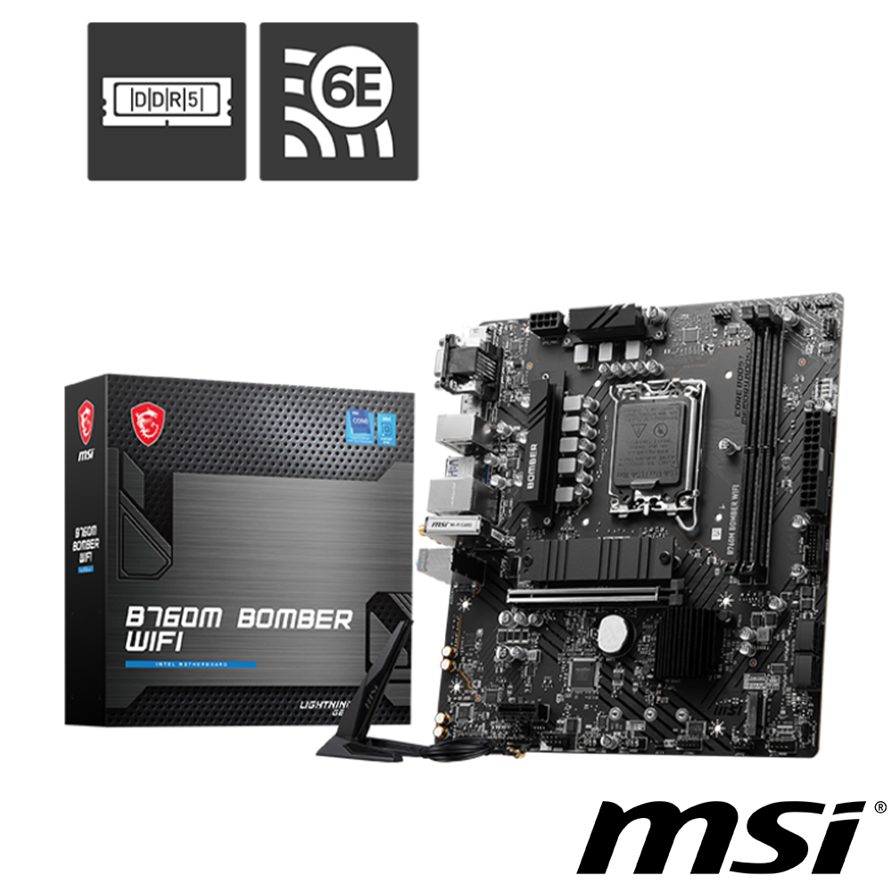 【C+M超值組】微星 B760M BOMBER WIFI DDR4 主機板 + Intel Core i5-14400F 中央處理器 盒裝