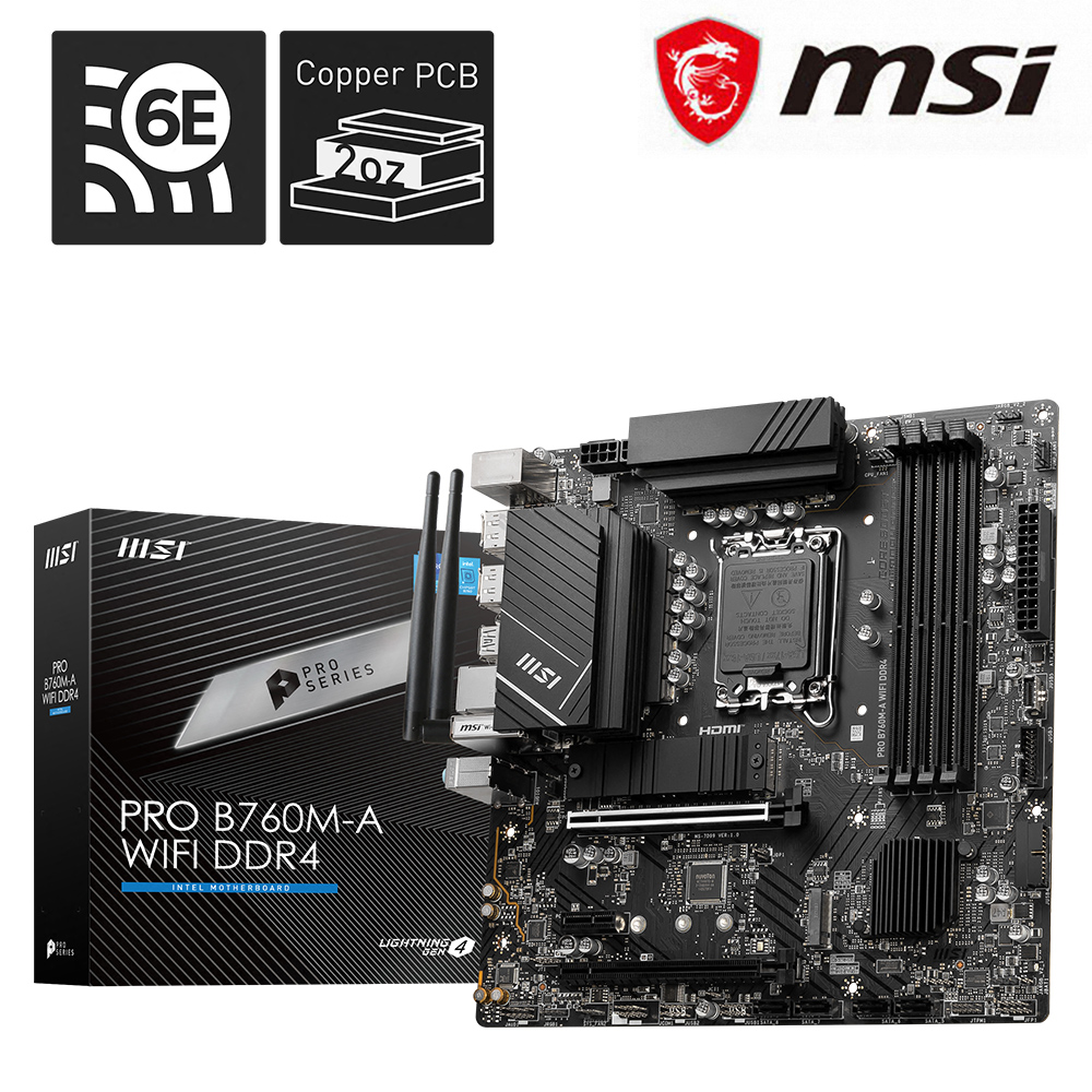 【C+M超值組】微星 PRO B760M-A WIFI DDR4 主機板 + Intel Core i5-12400 中央處理器 盒裝