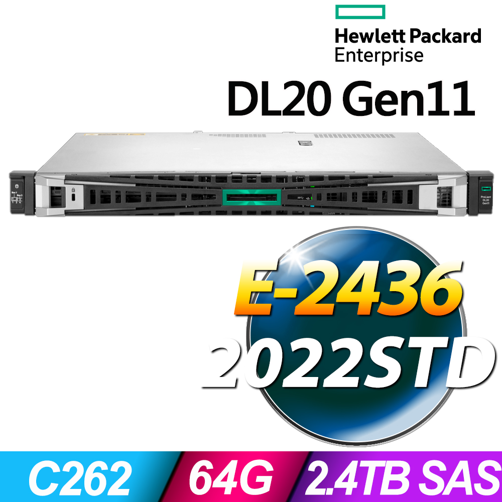 HP 惠普 DL20 Gen11 1U系列-E-2436/64G ECC/ 600Gx4 SAS HDD+960Gx2 SSD/ 2022STD機架式伺服器/MR408I-O