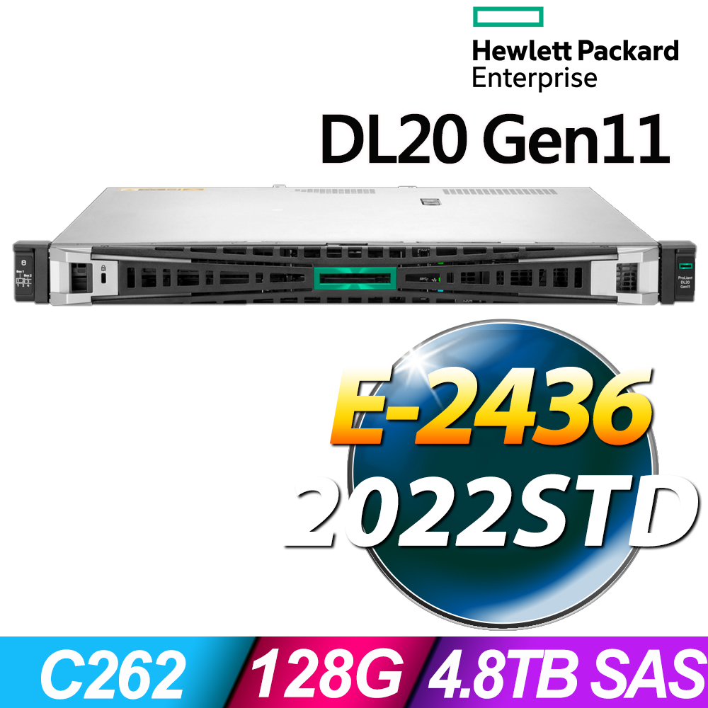 HP 惠普 DL20 Gen11 1U系列-E-2436/ 128G ECC/ 1.2TBx4 SAS HDD+960G SSDx2/ 2022STD機架式伺服器/MR408I-O