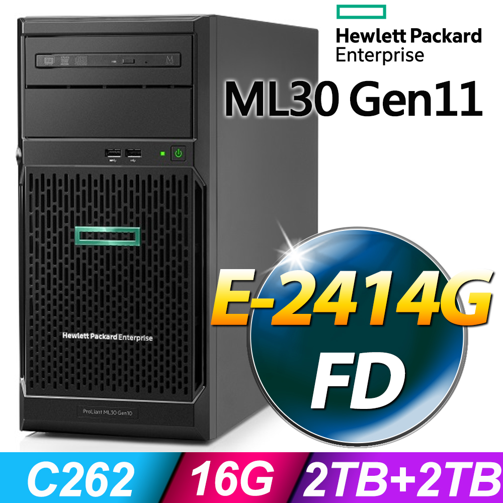 HP 惠普 ML30 Gen11 系列- E-2414G 處理器-16G 記憶體 / 2TB HDD+2TB HDD / 無系統伺服器