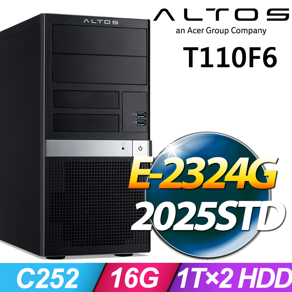 ACER 宏碁 Altos T110F6系列 - Xeon E-2324G處理器 - 16G記憶體 / 1TB×2 HDD / WinSRV 2025 STD (商用伺服器)